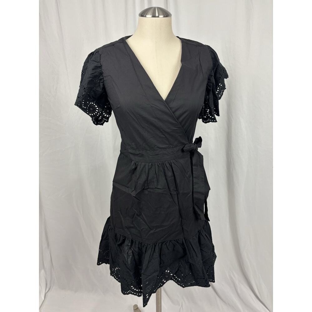 MAETTE / STELLA & DOT Mallory Wrap Dress Black Eyelet Ruffle Sleeves Size XXS